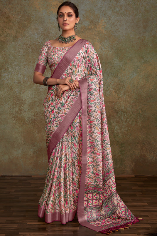 Handloom Silk Fabric Multi Color Pleasance Saree With Printed Work