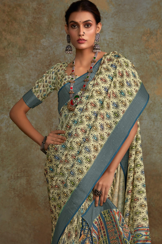 Printed Work On Handloom Silk Fabric Bewitching Saree In Multi Color