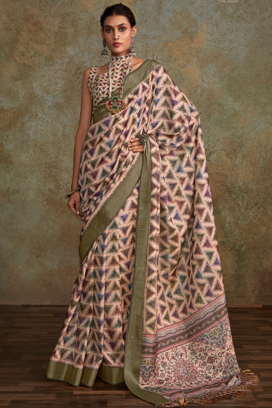 Multi Color Handloom Silk Fabric Coveted Saree With Printed Work