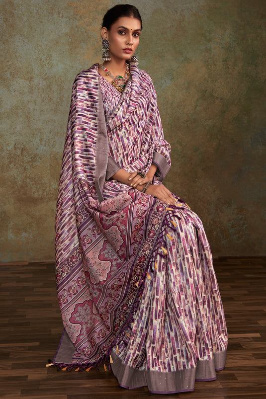 Printed Work On Multi Color Handloom Silk Fabric Princely Saree