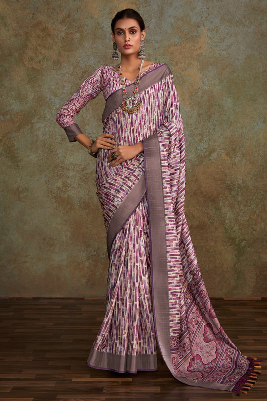 Printed Work On Multi Color Handloom Silk Fabric Princely Saree