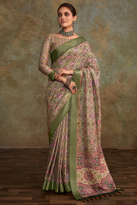 Handloom Silk Fabric Multi Color Patterned Saree With Printed Work