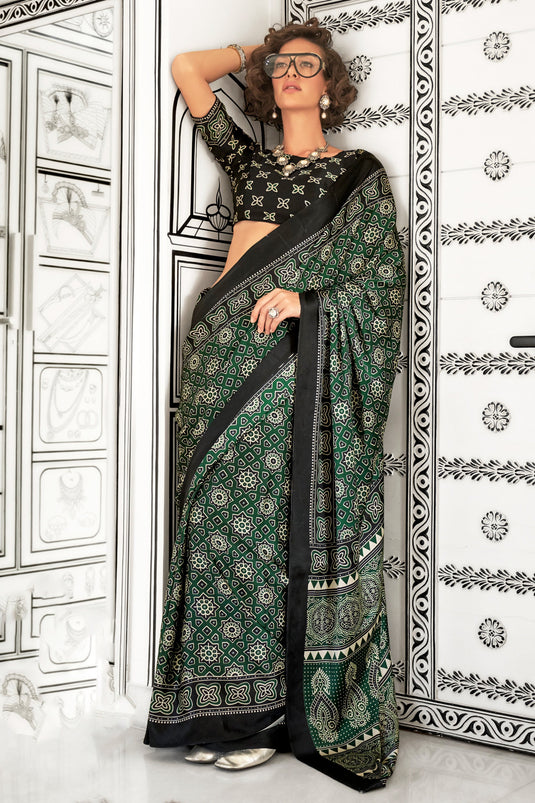 Excellent Crepe Fabric Green Color Saree With Printed Work