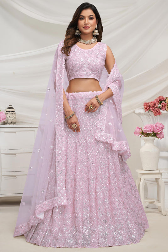 Phenomenal Embroidered Lavender Color Net Fabric Lehenga