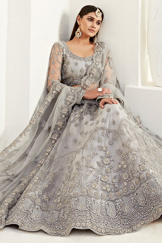 Sangeet Wear Net Fabric Grey Color Stylish Look Designer Lehenga