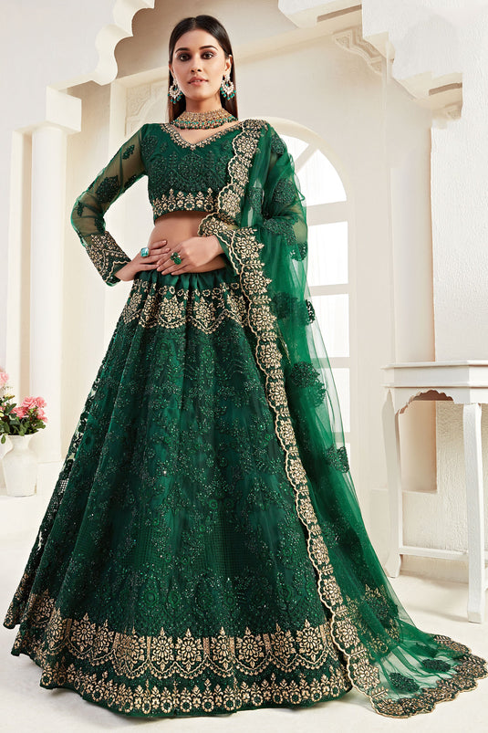 Fabulous Sangeet Wear Net Fabric Green Color Designer Lehenga