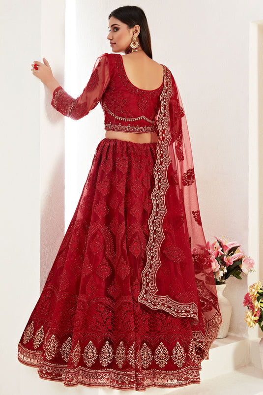 Net Fabric Captivating Sangeet Wear Red Color Designer Lehenga