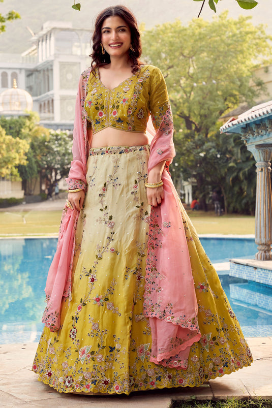 Embellished Yellow Color Function Style Organza Fabric Lehenga