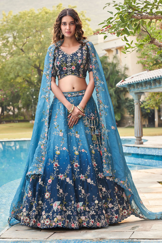 Blue Color Fascinating Function Style Organza Fabric Lehenga