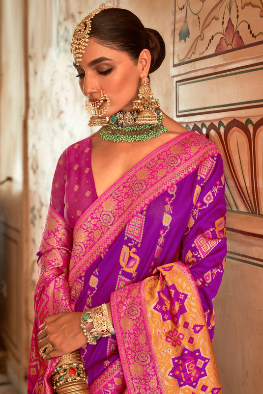 Tempting Art Silk Fabric Purple Color Saree With Patola Weaving Work