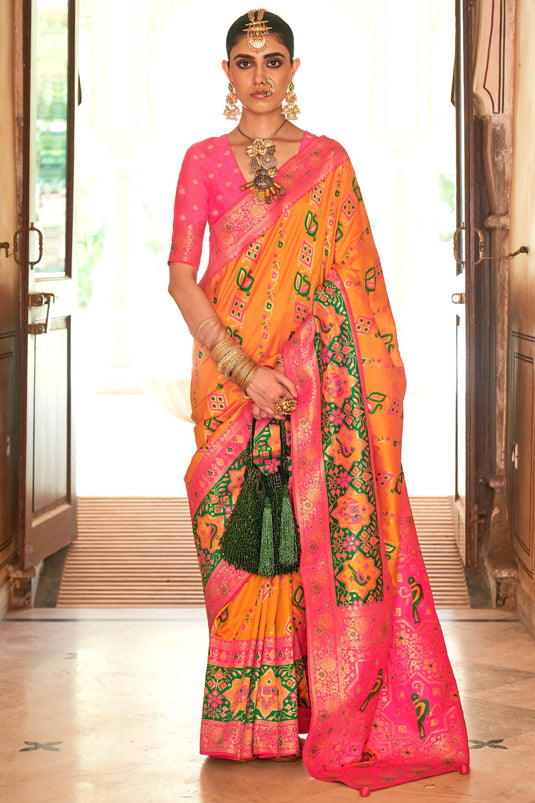 Engaging Peach Color Art Silk Fabric Saree With Patola Weaving Work