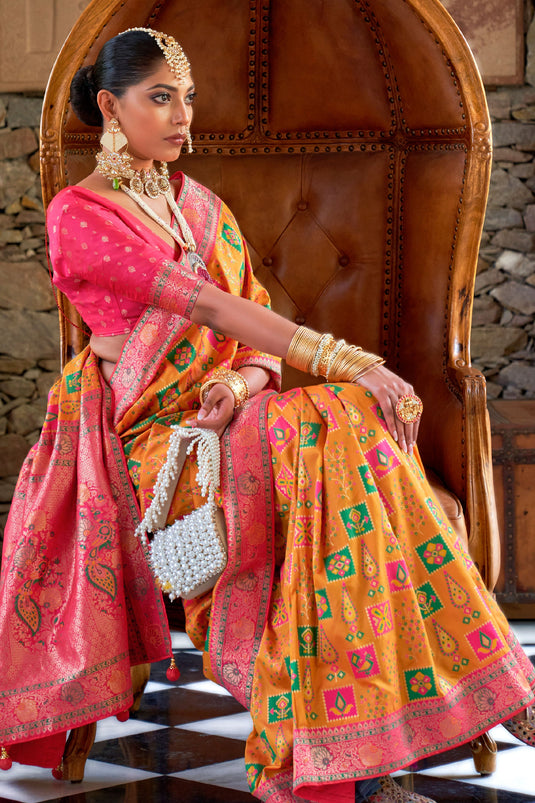 Sober Orange Color Art Silk Fabric Saree With Patola Weaving Work