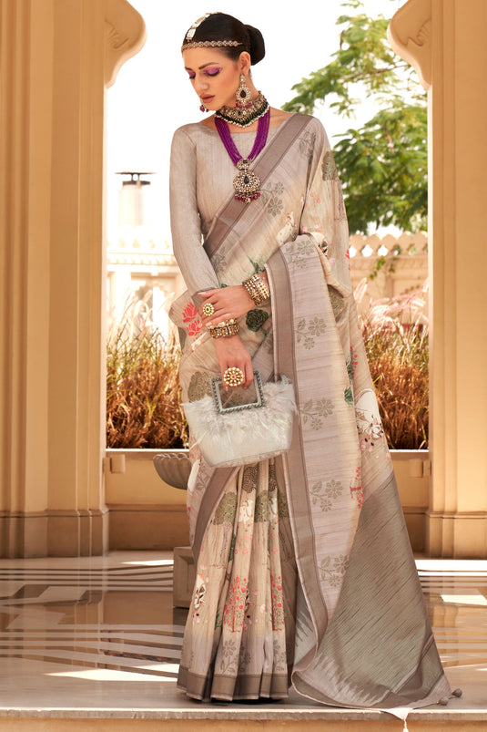 Art Silk Fabric Beige Color Riveting Digital Printed Saree