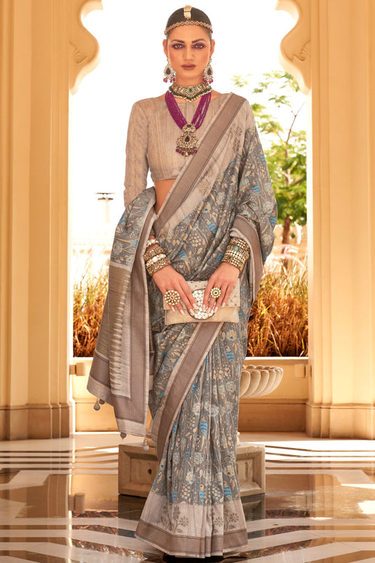 Excellent Grey Color Digital Printed Art Silk Fabric Saree