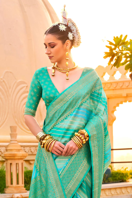 Classic Weaving Work On Sea Green Color Saree In Art Silk Fabric