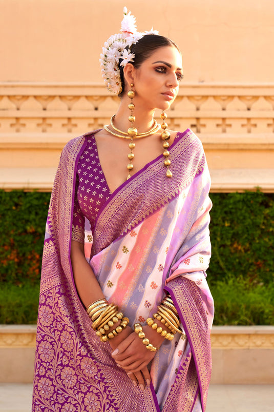 Creative Weaving Work On Saree In Purple Color Art Silk Fabric