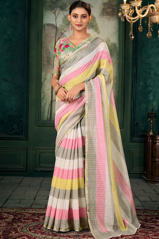 Engaging Multi Color Linen Fabric Zari Chex Pattern Saree With Floral Print Blouse