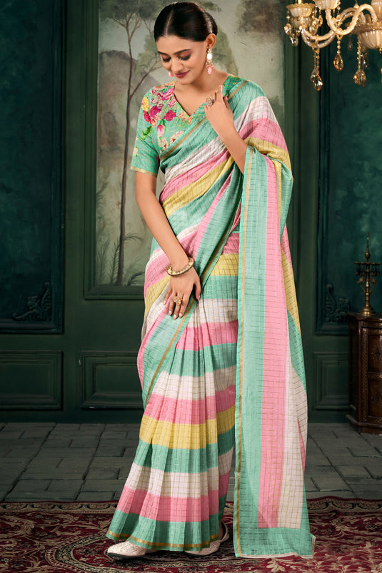 Linen Fabric Multi Color Gorgeous Zari Chex Pattern Saree With Floral Print Blouse