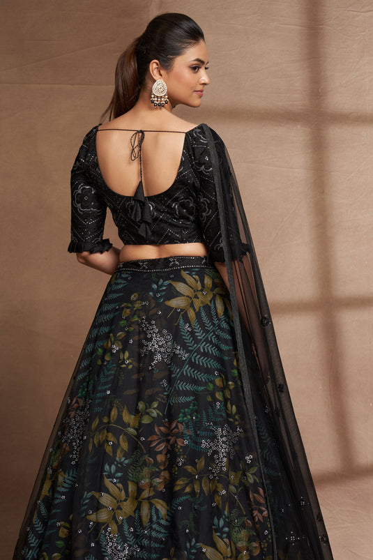 Attractive Sangeet Wear Black Color Sequins Work Organza Lehenga Choli