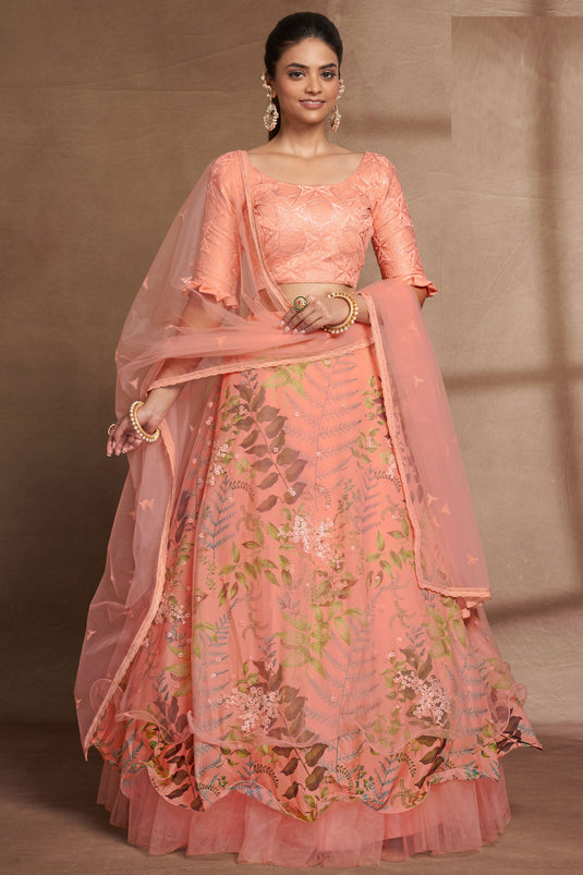 Radiant Peach Color Sangeet Wear Sequins Work Organza Lehenga Choli