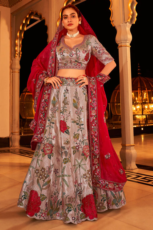 Satin Fabric Sequins Work Luminous Bridal Lehenga Choli In Grey Color