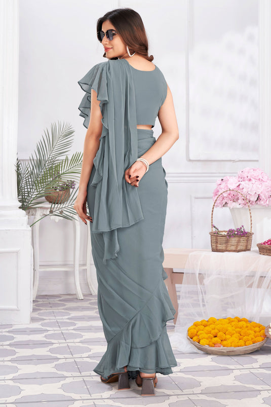 Imposing Satin Silk Fabric Ready To Wear Ruffle Saree In Grey Color