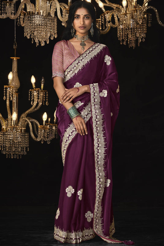 Sequins Work On Awesome Tissue Fabric Saree In Wine Color