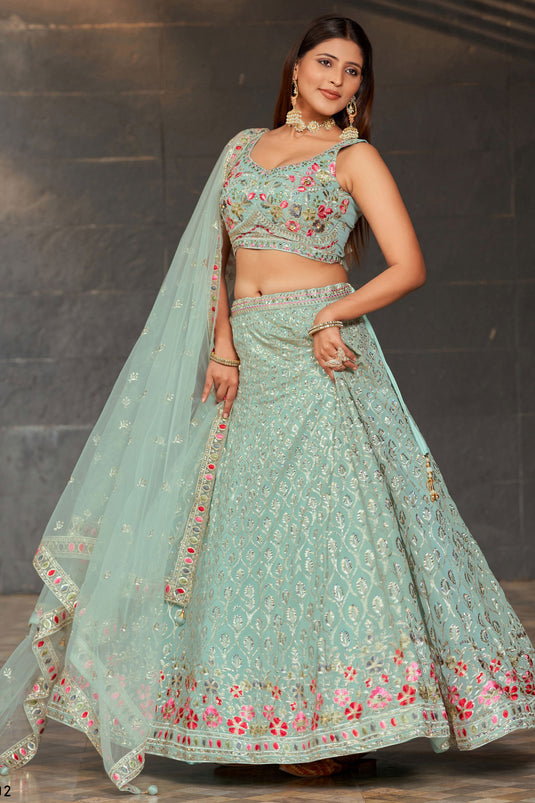 Entrancing Georgette Fabric Sequins Embroidered Lehenga In Light Cyan Color