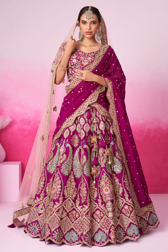 Mesmeric Burgundy Color Sequins Embroidered Bridal Lehenga In Silk Fabric