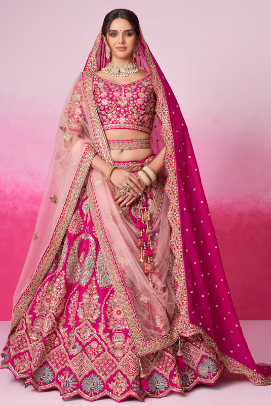 Excellent Silk Fabric Pink Color Sequins Embroidered Bridal Lehenga