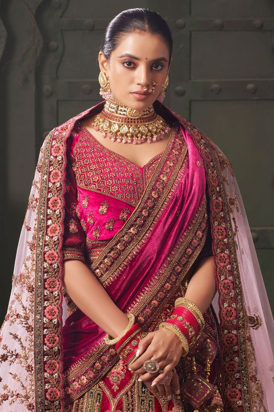 Lycra Velvet Fabric Luminous Bridal Lehenga In Pink Color