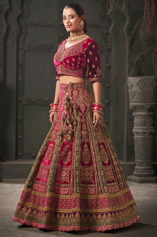 Lycra Velvet Fabric Luminous Bridal Lehenga In Pink Color