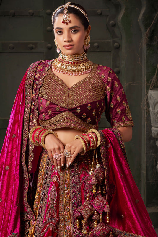 Lycra Velvet Fabric Charismatic Bridal Lehenga In Maroon Color