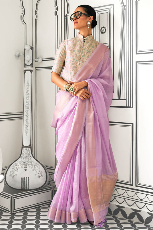 Weaving Work Attractive Chiffon Silk Saree In Lavender Color