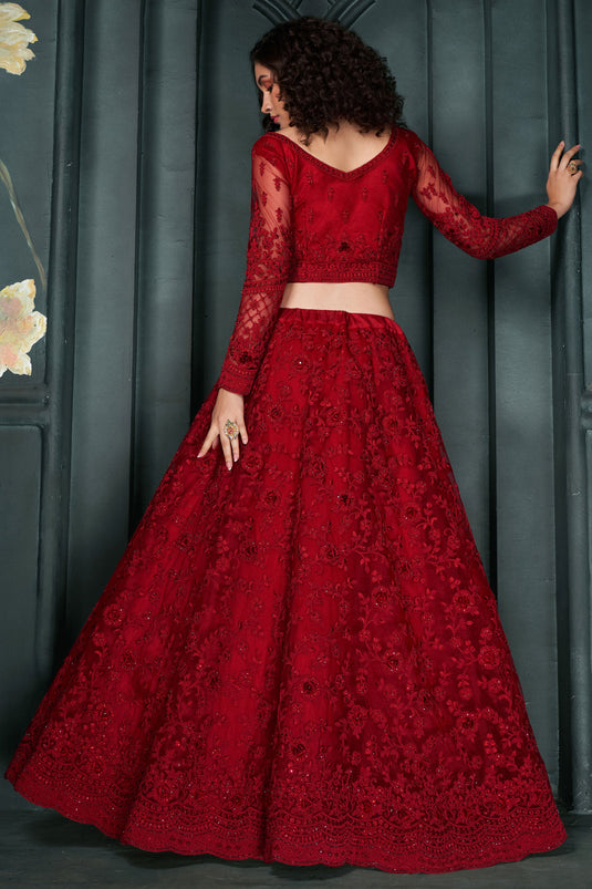 Red Color Embroidered Work On Net Fabric Trendy Lehenga