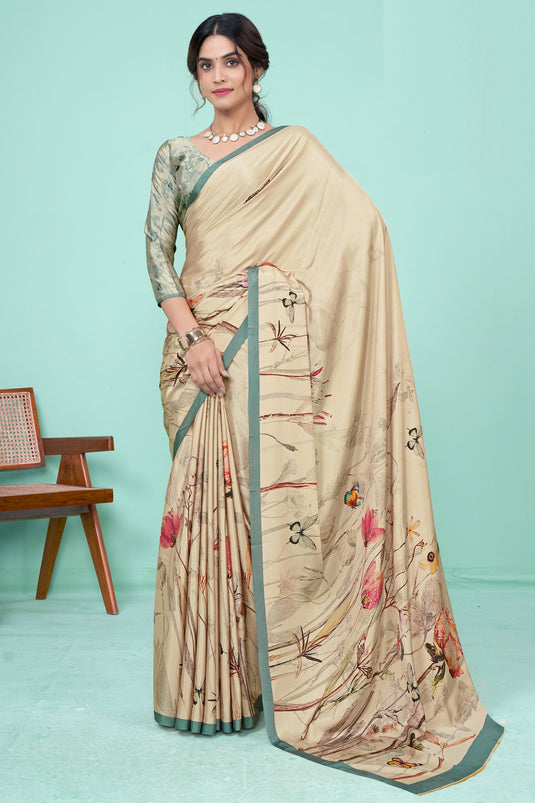 Printed Work Imposing Crepe Fabric Casual Saree In Beige Color