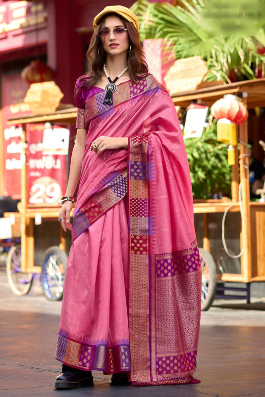 Weaving Work On Captivating Banarasi Silk Fabric Saree In Pink Color