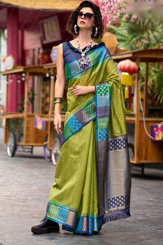 Weaving Work On Green Color Trendy Banarasi Silk Fabric Saree