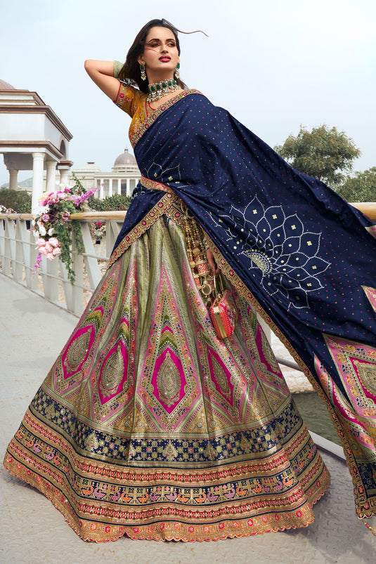 Gorgeous Wedding Wear Multi Color Bridal Lehenga In Silk Fabric