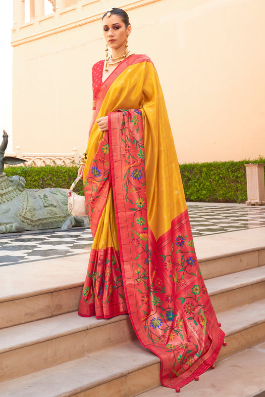 Reception Wear Art Silk Mustard Color Weaving Work Saree