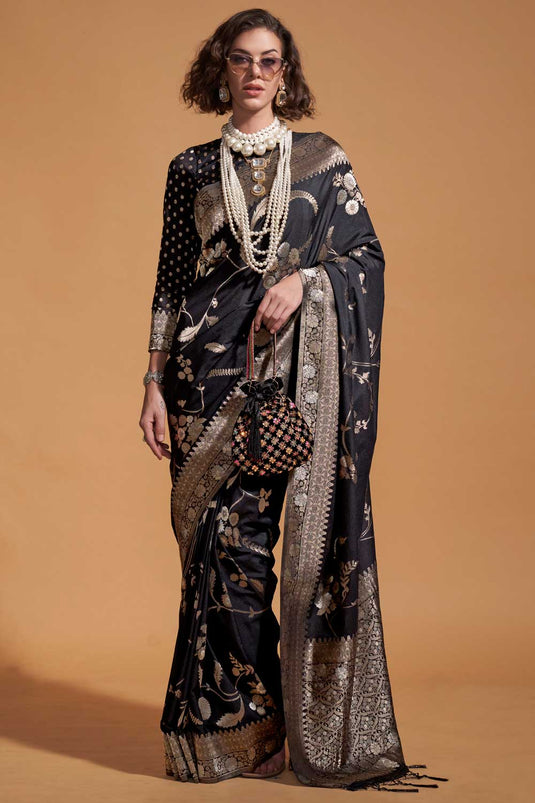 Weaving Work Soothing Georgette Saree In Black Color