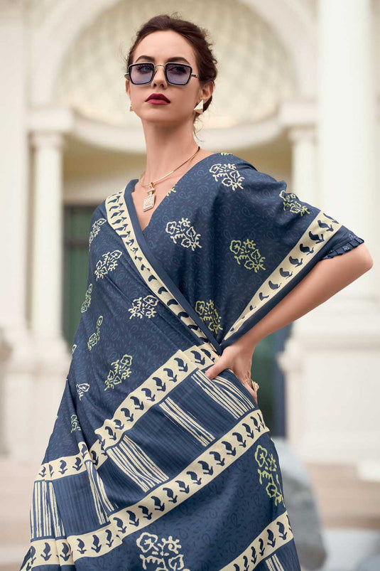 Art Silk Fabric Navy Blue Color Saree With Winsome Printed Work