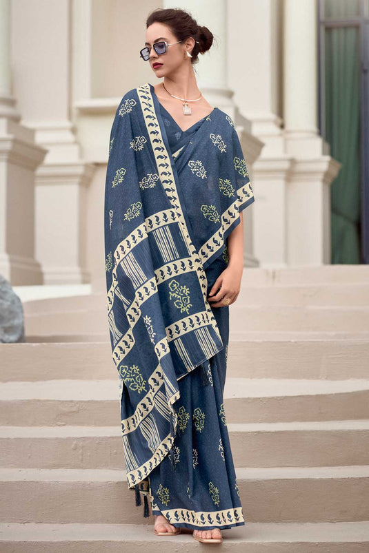 Art Silk Fabric Navy Blue Color Saree With Winsome Printed Work