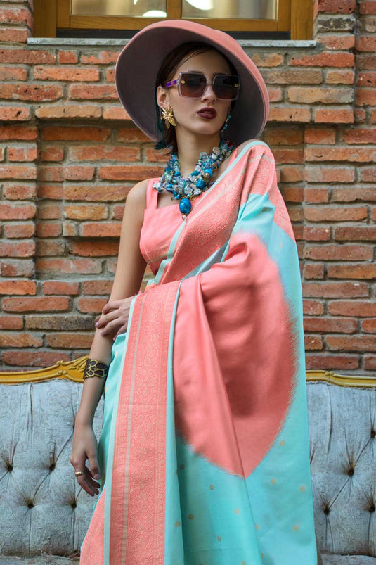 Cyan Color Fascinating Handloom Weaving Art Silk Saree