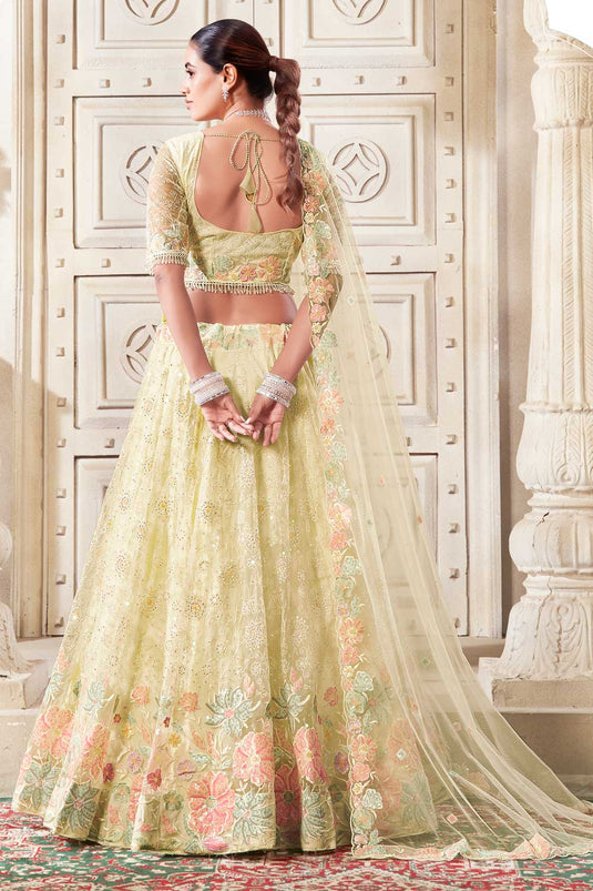 Net Fabric Yellow Color Stylish Look Lehenga