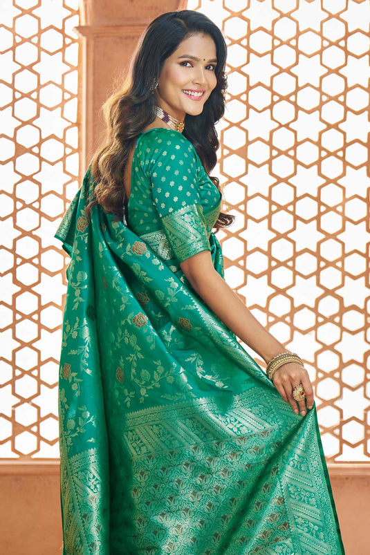 Dazzling Weaving Work On Green Color Banarasi Silk Saree