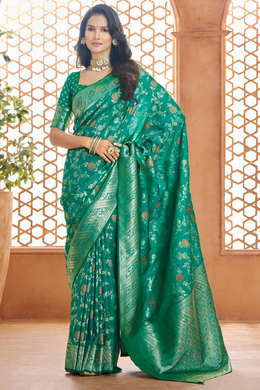 Dazzling Weaving Work On Green Color Banarasi Silk Saree