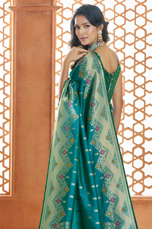 Charming Teal Color Banarasi Silk Saree With Weaving Work