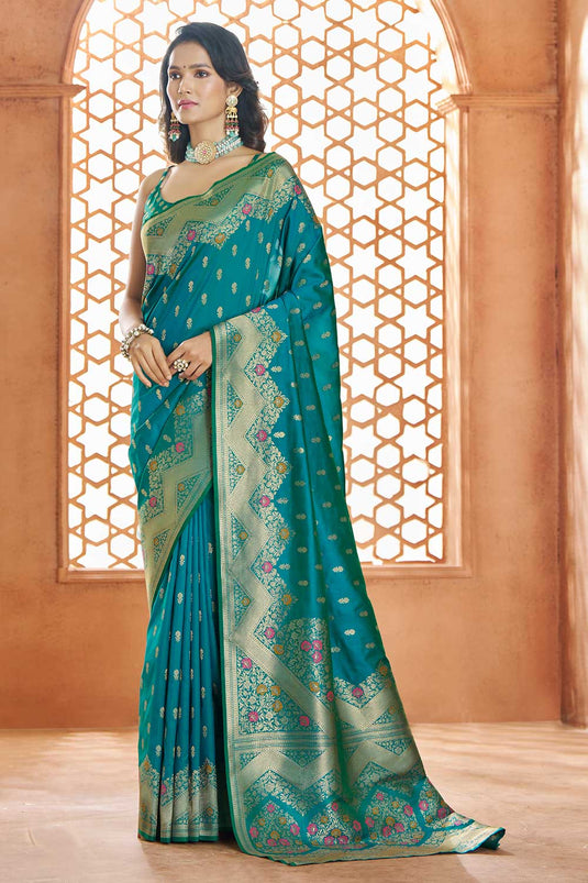 Charming Teal Color Banarasi Silk Saree With Weaving Work