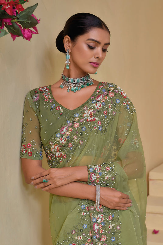 Green Banarasi Party Wear Saree With Beautiful Blouse